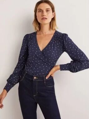 Boden Navy Wrap-Front Blouse with Gold Dot Print
